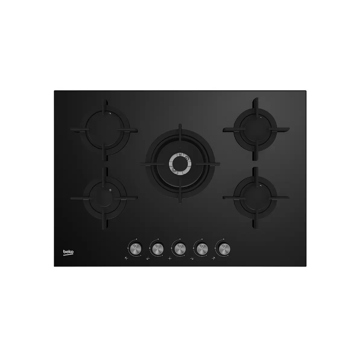 Beko Gas Hob 75 cm- 5 Berners - Gas Safety- Cast Iron Pan support- Black Tempered Glass Surface