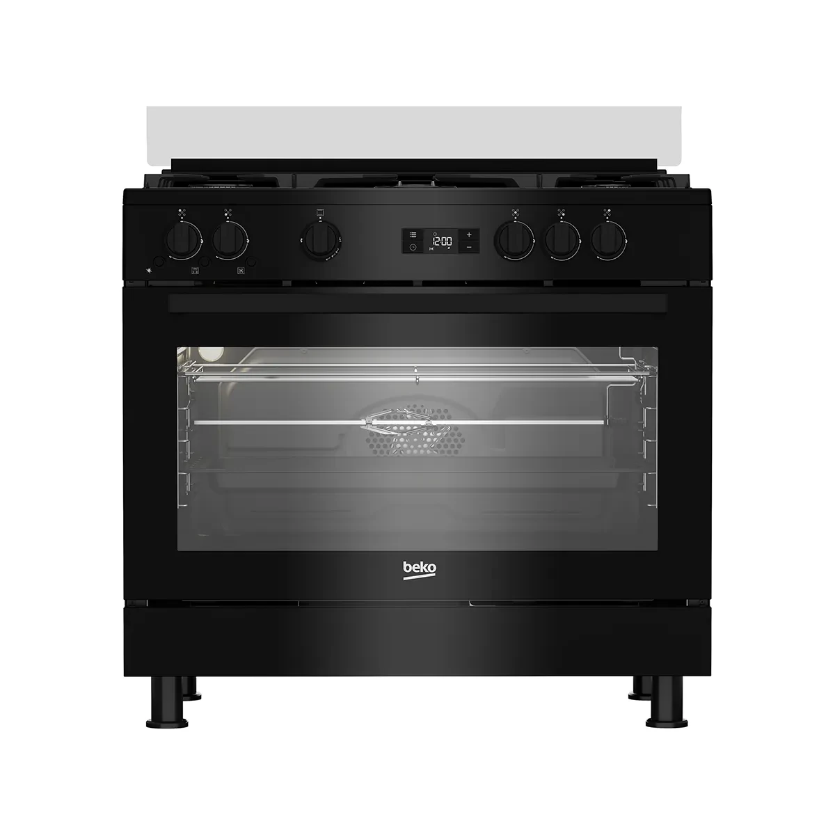Beko Gas Cooker - 90 cm - 5 Burners Full Safety cooling fan + cooking fan + Digital + cast pan support - Black