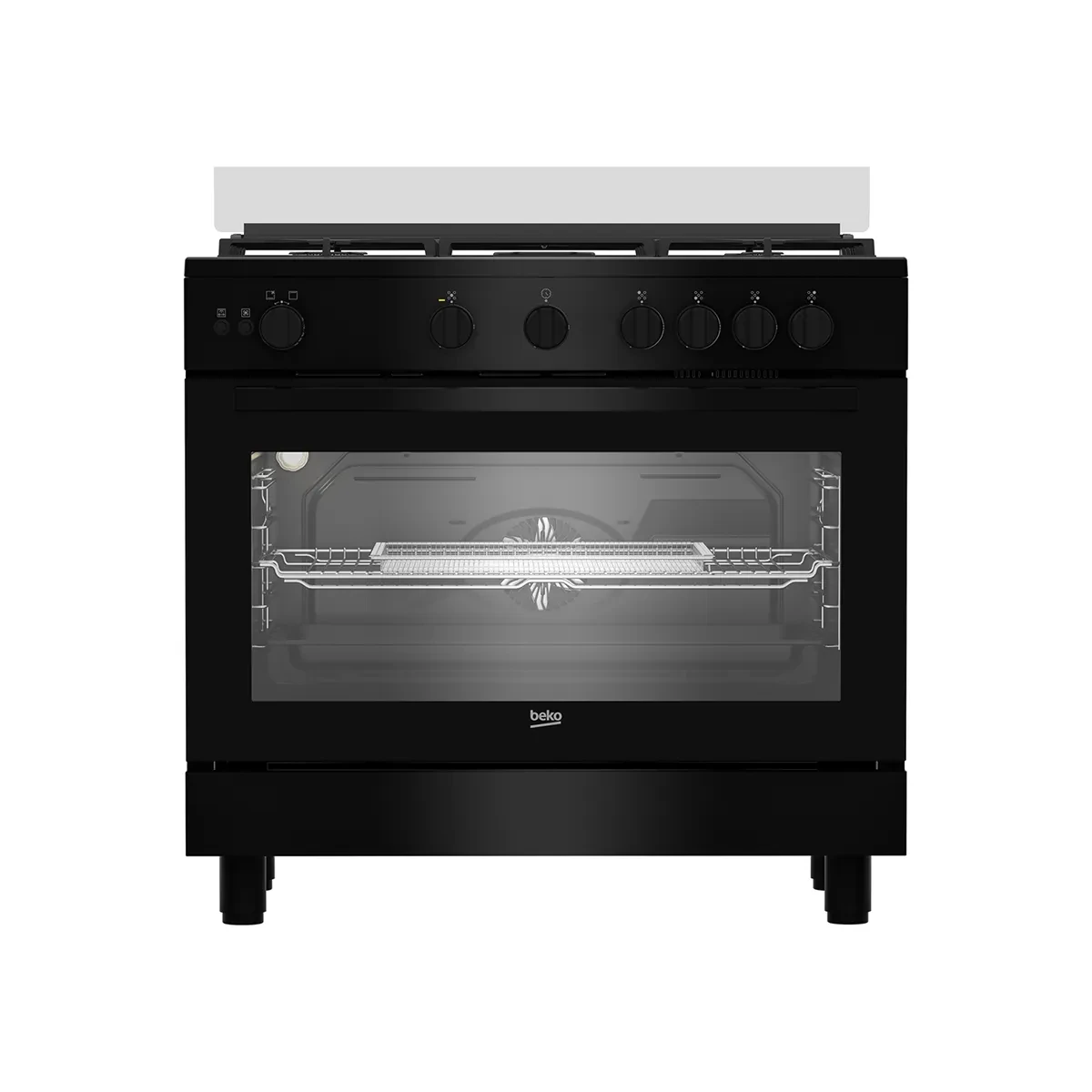 Beko Gas Cooker  - 90 cm - 5 Burners Full Safety cooling fan + cooking fan+ cast pan support - Black